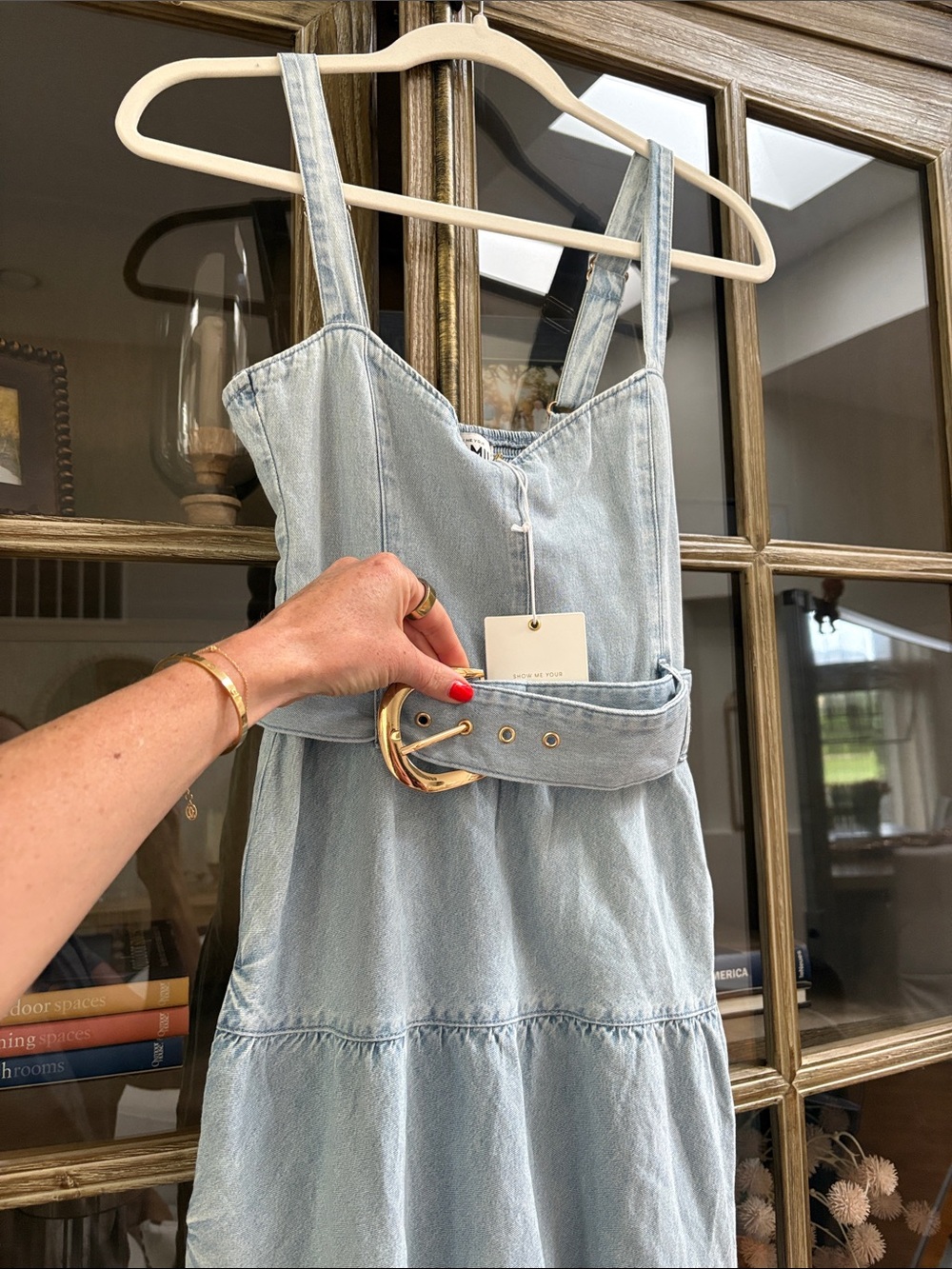 Show me your Mumu Light Wash Denim Tiered Maxi Dress with Gold Buckle